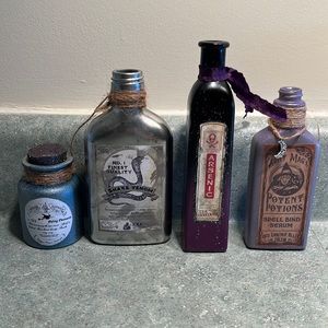 Set of 4 painted vintage bottles Halloween decor potion bottles